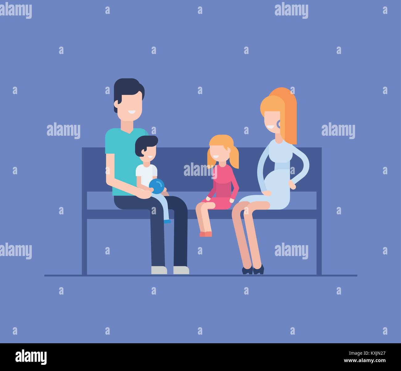 Famiglia seduta su una panchina - appartamento moderno stile design illustrazione Illustrazione Vettoriale