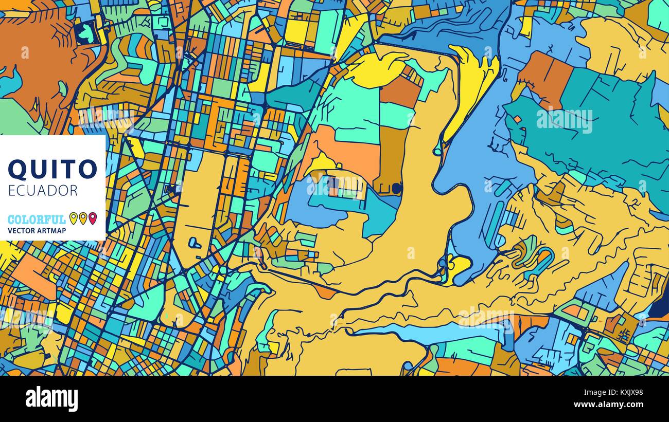 Quito, Ecuador, colorati Artmap vettore. Blue-Orange-versione gialla per il sito Web Infografico parete, arte e biglietto di auguri sfondi. Illustrazione Vettoriale