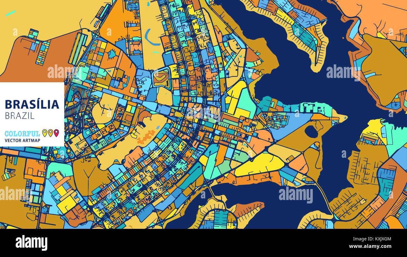Brasilia, Brasile, colorati Artmap vettore. Blue-Orange-versione gialla per il sito Web Infografico parete, arte e biglietto di auguri sfondi. Illustrazione Vettoriale