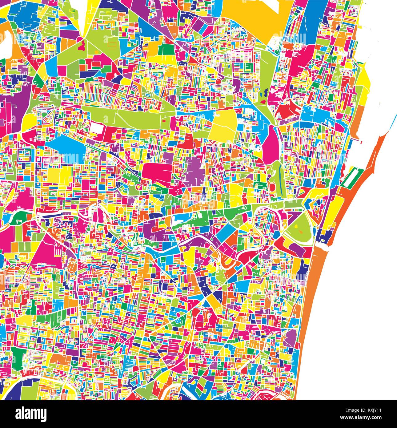 Chennai, India, colorata mappa vettoriale. Strade bianche, ferrovie e acqua. Colore luminoso punto di riferimento forme. Stampa di arte pattern. Illustrazione Vettoriale