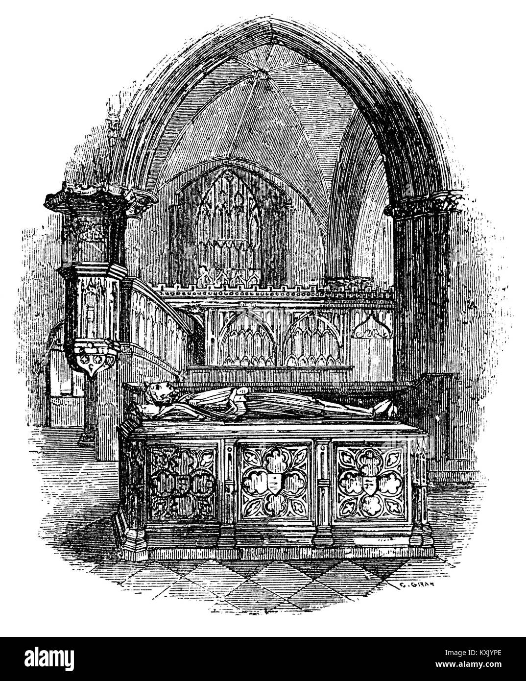 La tomba di Re Giovanni nella cattedrale di Worcester. Nel settembre 1216 il Re Giovanni dissenteria contratta in King's Lynn; è cresciuto peggio e con il tempo ha raggiunto Newark Castle egli non era in grado di viaggiare più lontano; Giovanni morì nella notte del 18/19 ottobre 1216. Foto Stock