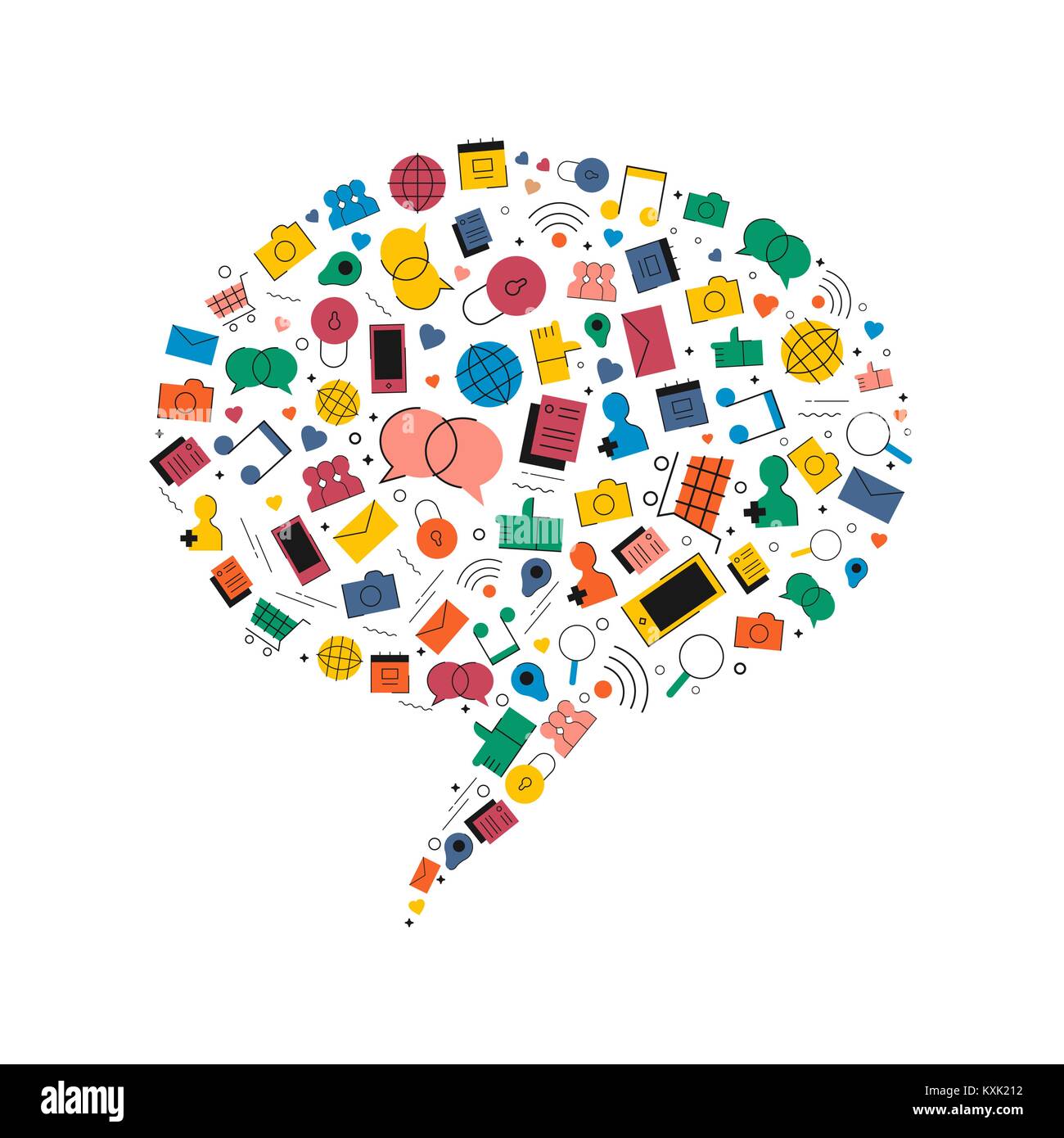 Social media network discorso bolla concetto illustrazione in appartamento moderno stile di colore. Chat palloncino realizzato di forma di icone di internet, include come, musica, f Illustrazione Vettoriale