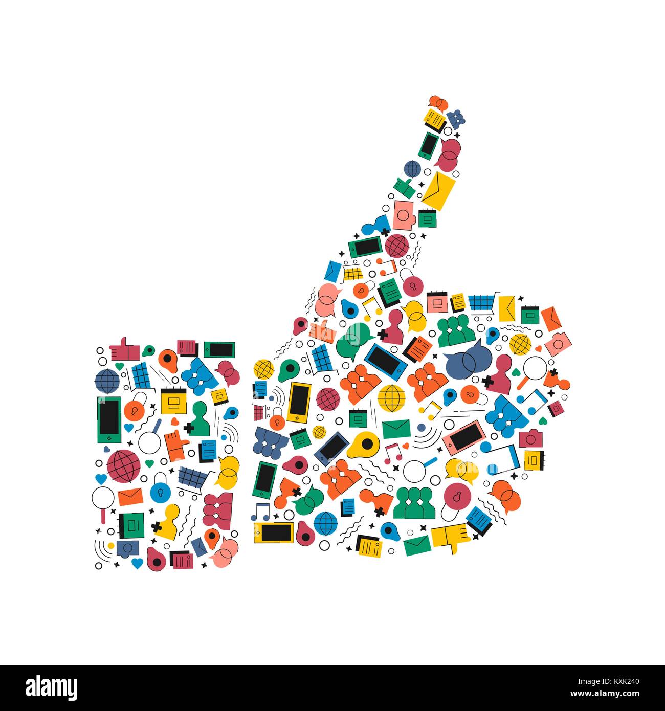 Mano con il pollice il fatto di colorate in stile appartamento social media icone. Internet come segno concetto illustrazione comprende musica, foto, gps, chat, mail symb Illustrazione Vettoriale