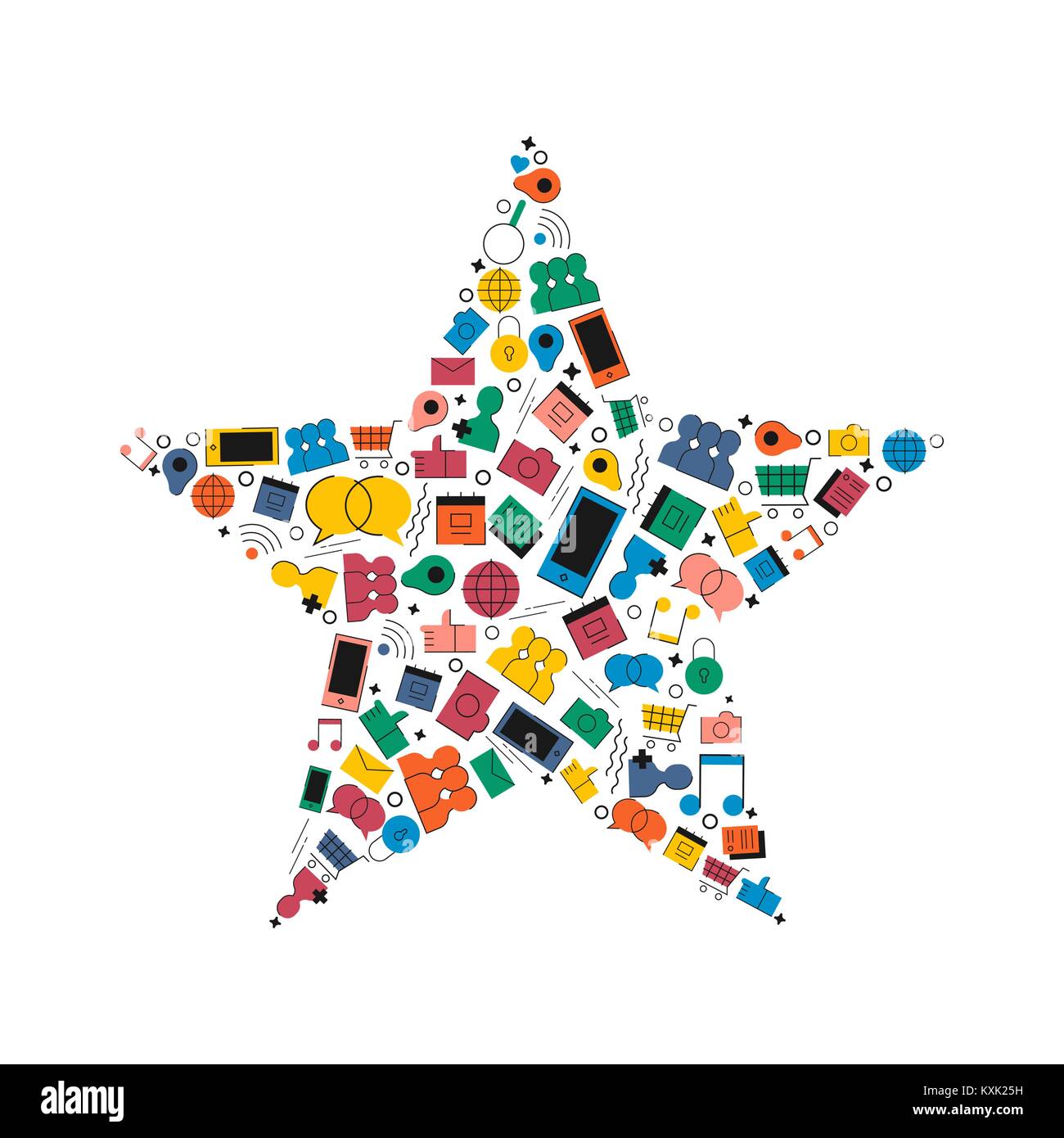 Social media concetto preferito illustrazione in appartamento moderno stile di colore. Forma a stella fatta di icone di internet. Include il carrello, chat foto e phon Illustrazione Vettoriale