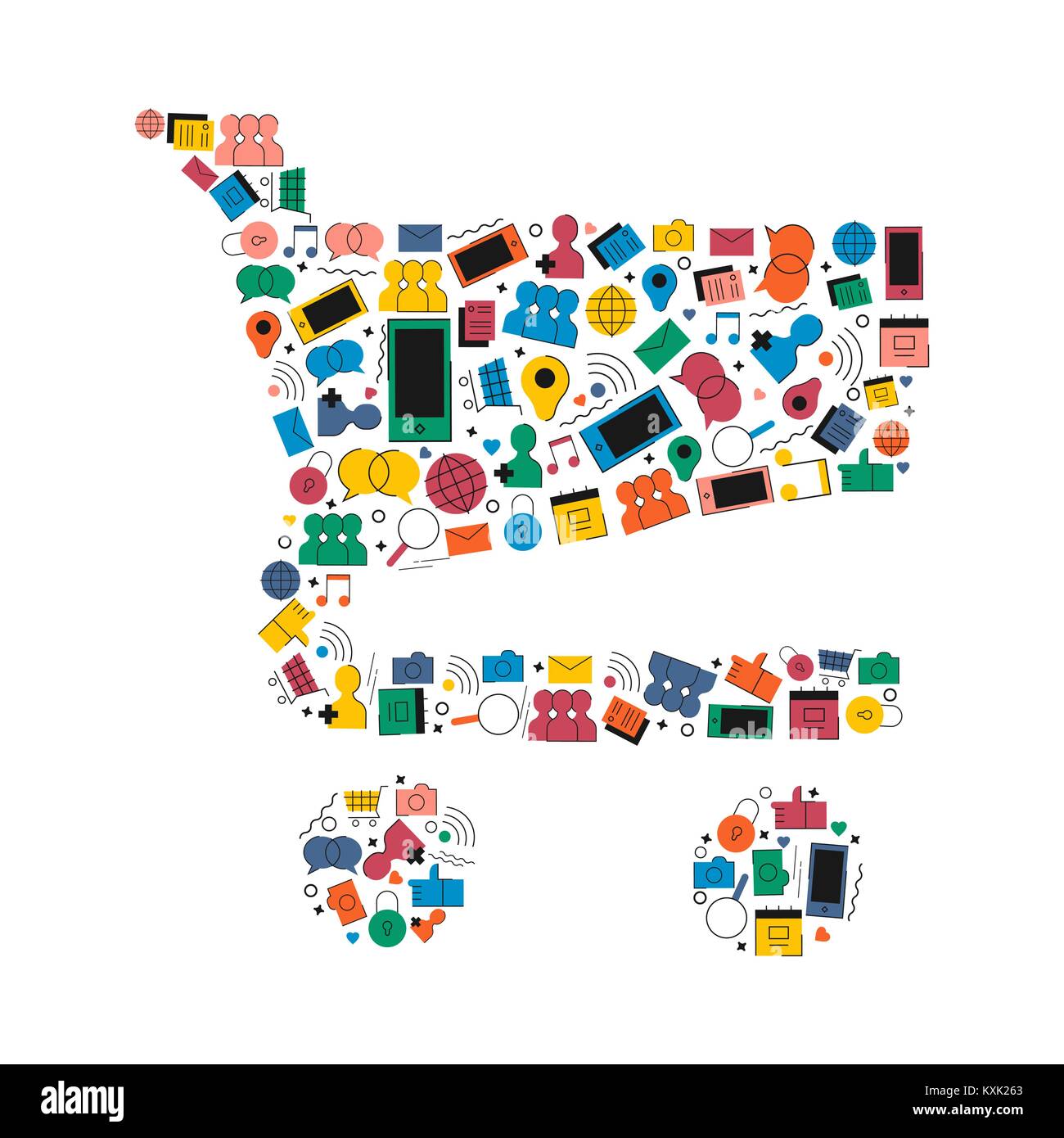 Social media network per lo shopping online concetto illustrazione in appartamento moderno stile di colore. Store carrello forma realizzato in internet icone, include come, musica, f Illustrazione Vettoriale