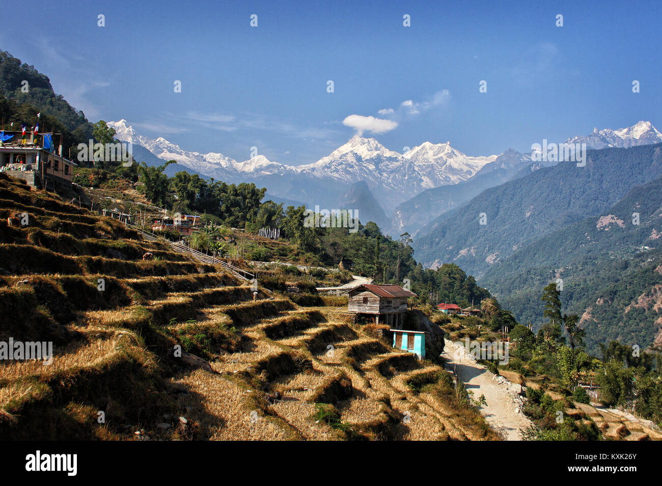Vista panoramica di Kangchendzonga Lingthem dal villaggio, a nord il Sikkim Foto Stock