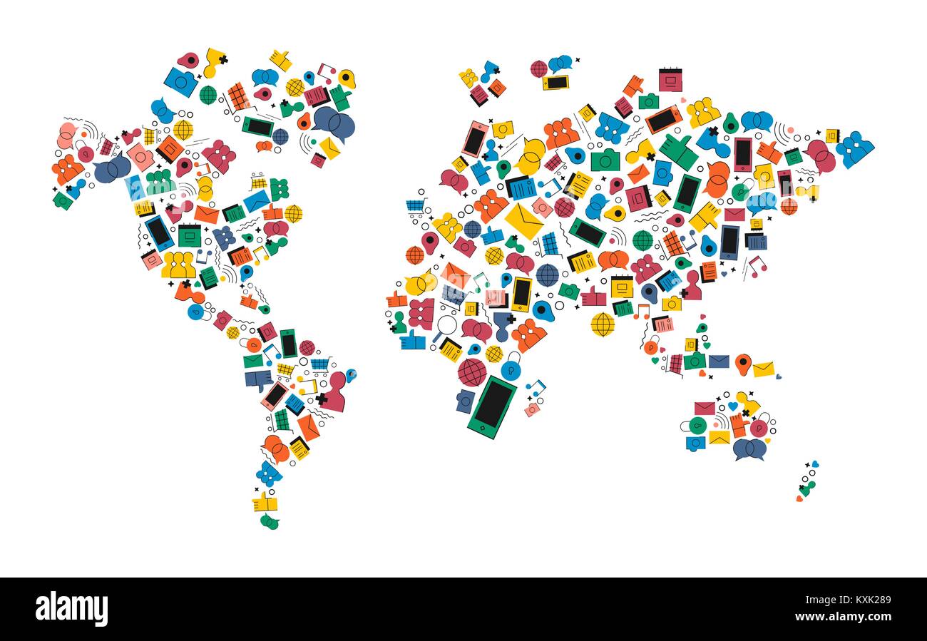 Mappa mondo fatto di colorato stile piatto social media icone. In tutto il mondo di internet il concetto di comunicazione illustrazione comprende musica, foto, gps, chat, posta elettronica Illustrazione Vettoriale Mappa mondo fatto di colorato stile piatto social media icone. In tutto il mondo di internet il concetto di comunicazione illustrazione comprende musica, foto, gps, chat, posta elettronica Illustrazione Vettoriale