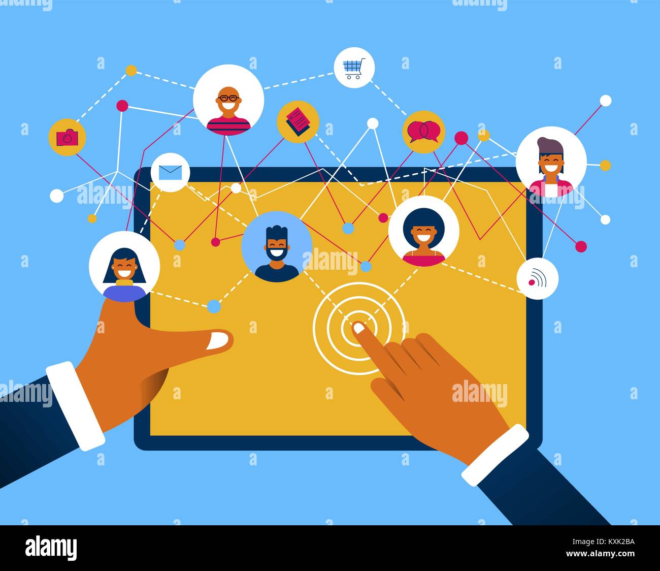 Persona mani con dispositivo tablet pc per collegare su social media network con il gruppo di persone e internet online attività. Include il messaggio e-mail, foto, sh Illustrazione Vettoriale