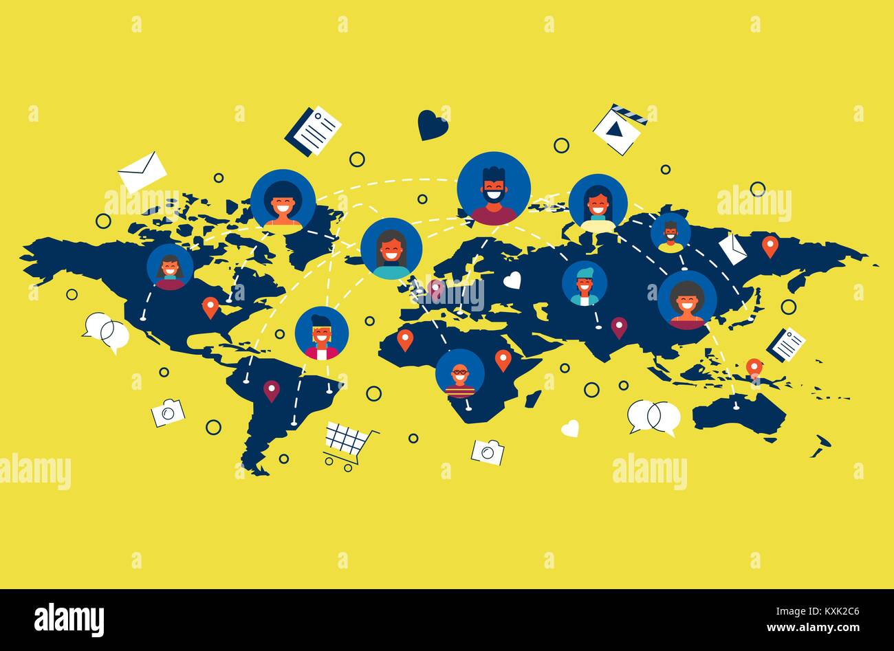 Rete sociale mondiale Il concetto di collegamento illustrazione. Il Team di diverse persone online facendo attività in internet in tutto il mondo. EPS10 vettore. Illustrazione Vettoriale