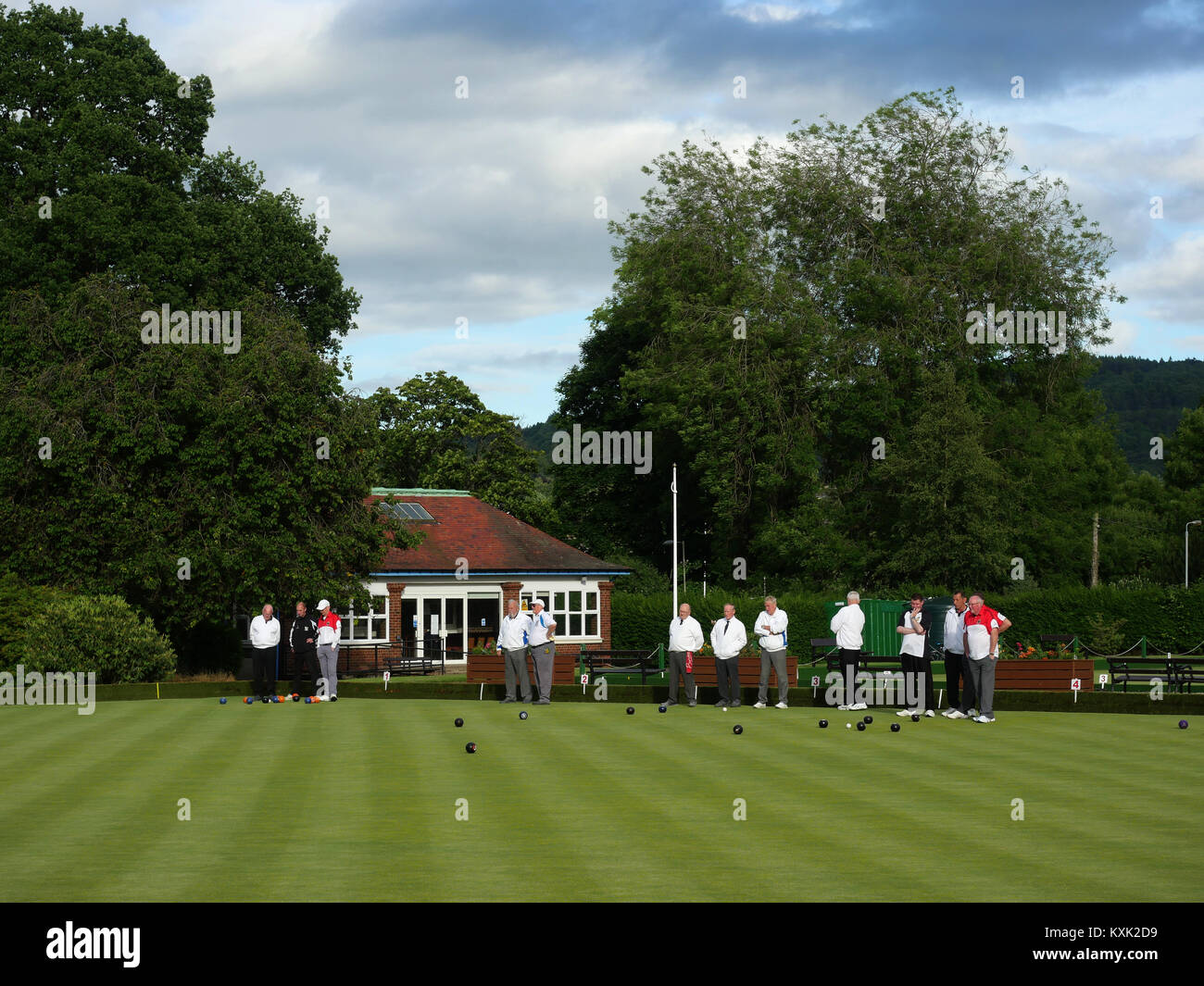 Giocatori di prendere parte a un concorso a Perth Bowling Club, Perth, Scotland, Regno Unito Foto Stock