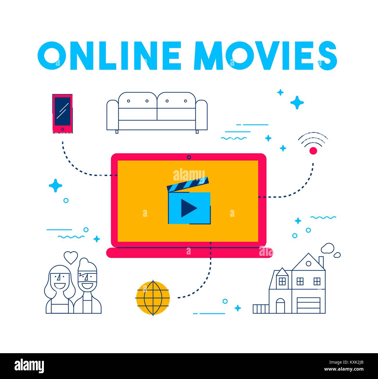 Film Online streaming appartamento moderno concetto di arte illustrazione, computer portatile collegato a internet film e tv servizio app. Comprende telefono, divano, il colpo di stato Illustrazione Vettoriale