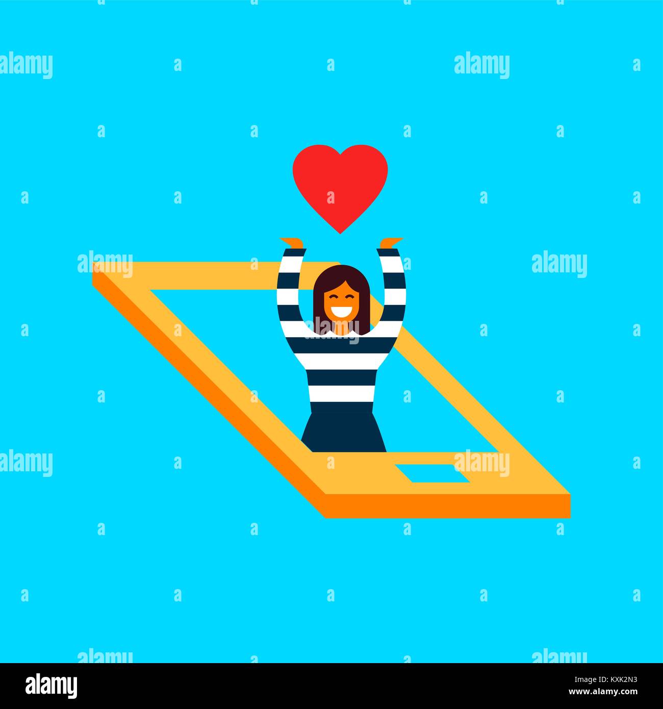 Social media network il concetto di amore illustrazione in moderno stile piatto. Ragazza all'interno del telefono cellulare con il cuore o come simbolo. EPS10 vettore. Illustrazione Vettoriale