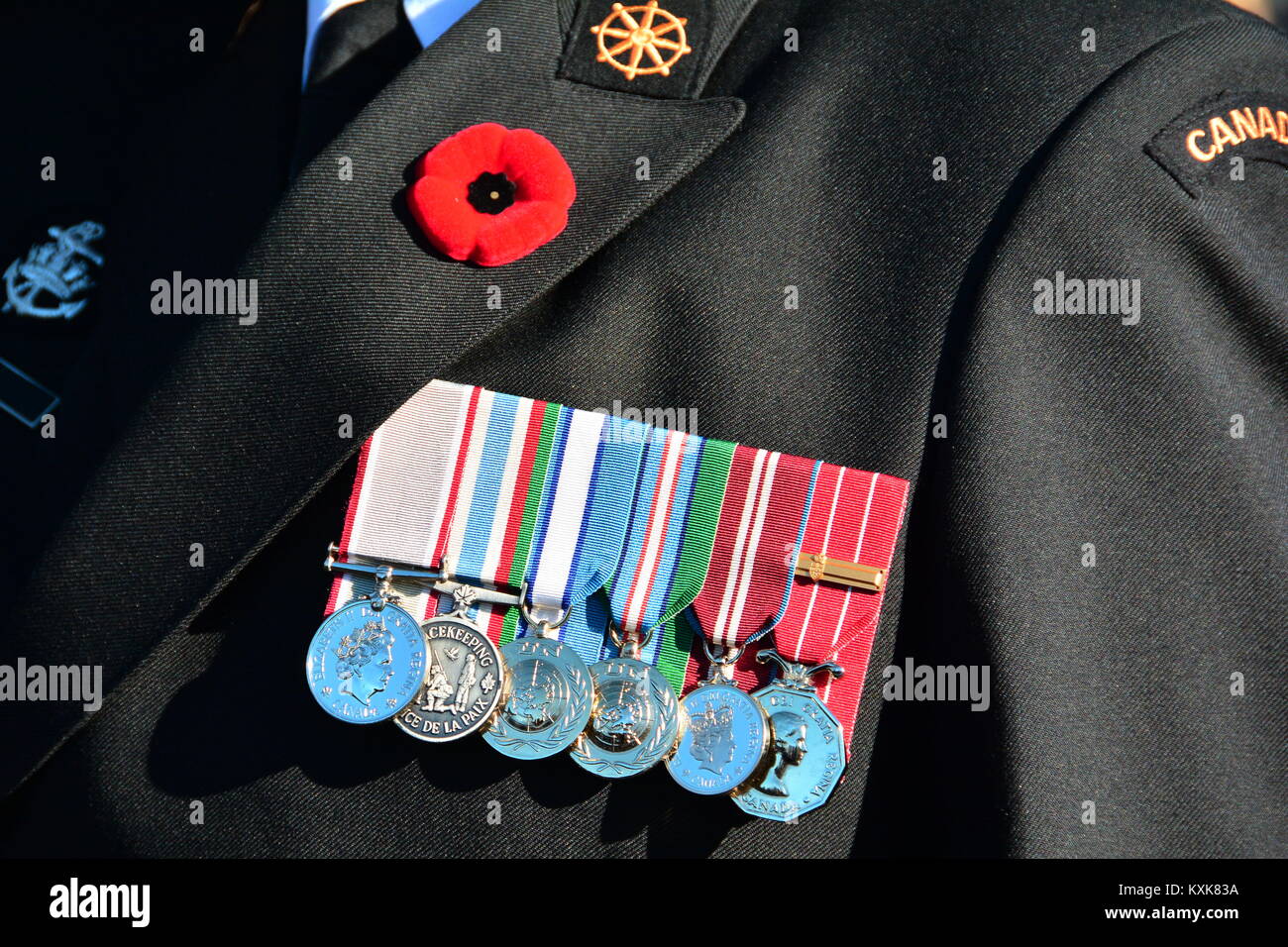 Un veterano di guerra visualizza il suo medaglie sul suo petto sul giorno del ricordo. Foto Stock