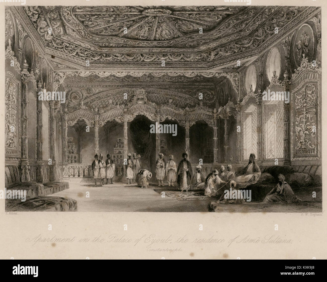 Un'illustrazione del 1836 di Robert Walsh e Thomas Allom raffigurante un appartamento all'interno del Palazzo di Eyoub, residenza di Asmé Sultana a Istanbul, che mostra il design degli interni ottomani e i dettagli architettonici. Foto Stock