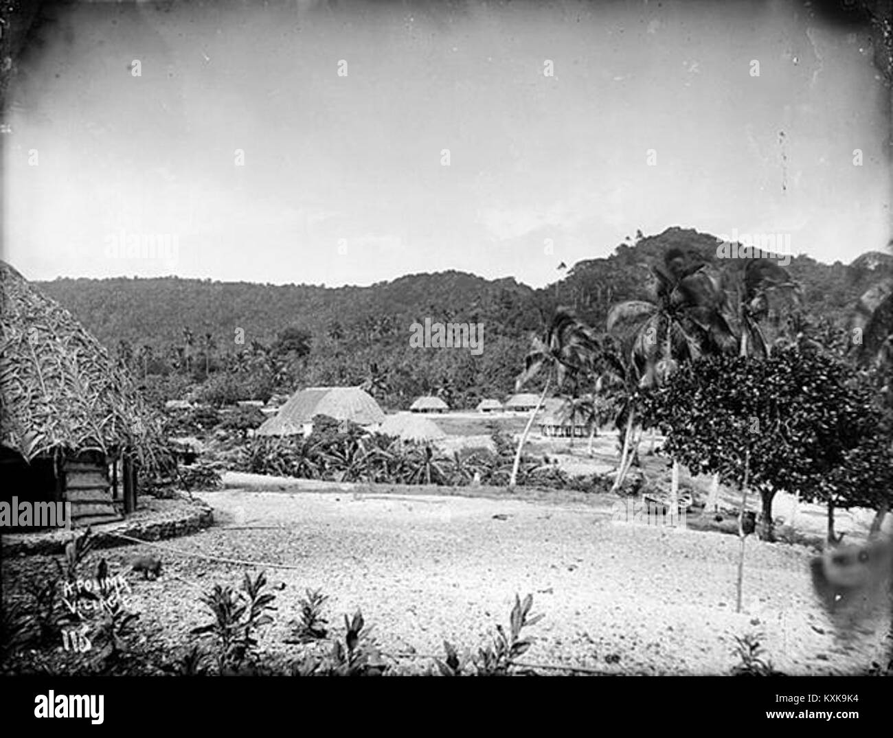 Il villaggio di Apolima sull'isola di Apolima, intorno al 1890-1910, raffigura la vita quotidiana e i modelli di insediamento in una comunità dell'isola samoana durante la fine del XIX secolo e l'inizio del XX secolo. Foto Stock