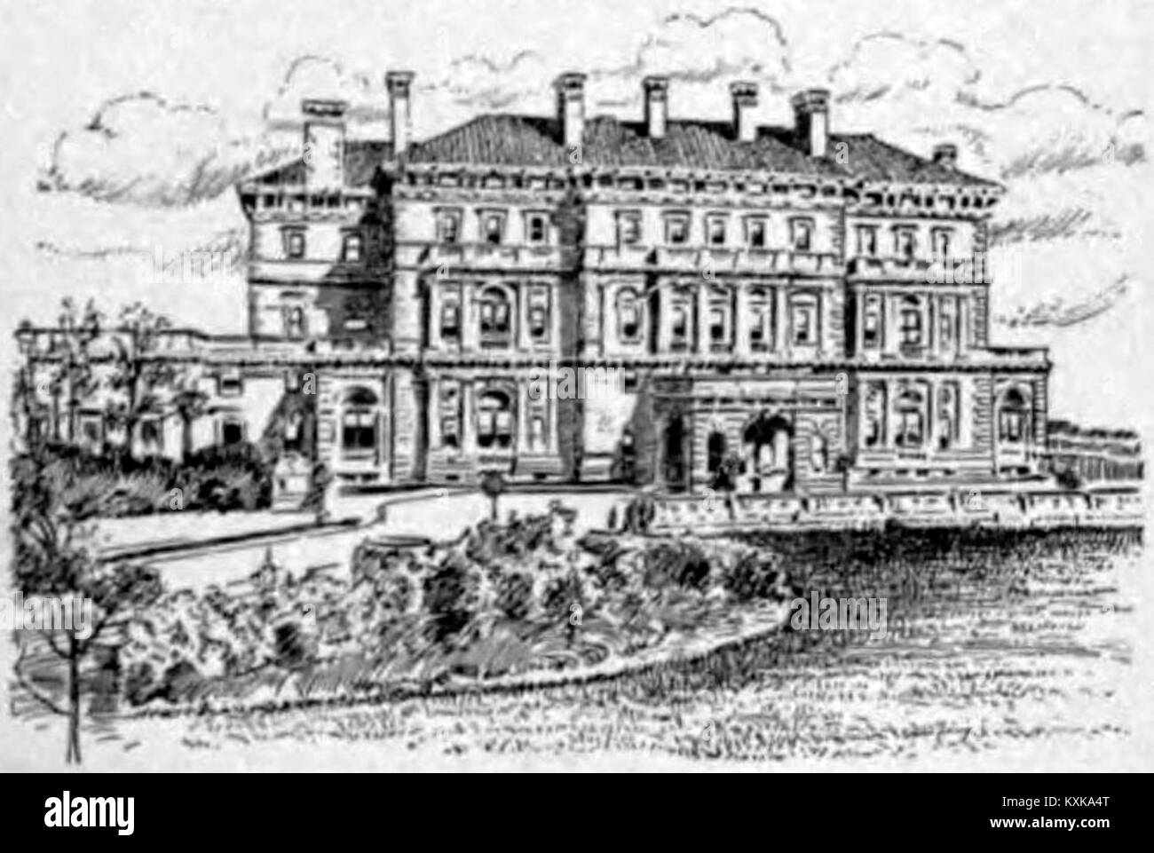 Cornelius Vanderbilt, industriale e filantropo americano, rinomato per la sua ricchezza nelle ferrovie, e The Breakers, la sua villa di Newport, che simboleggia il lusso del XIX secolo. Foto Stock