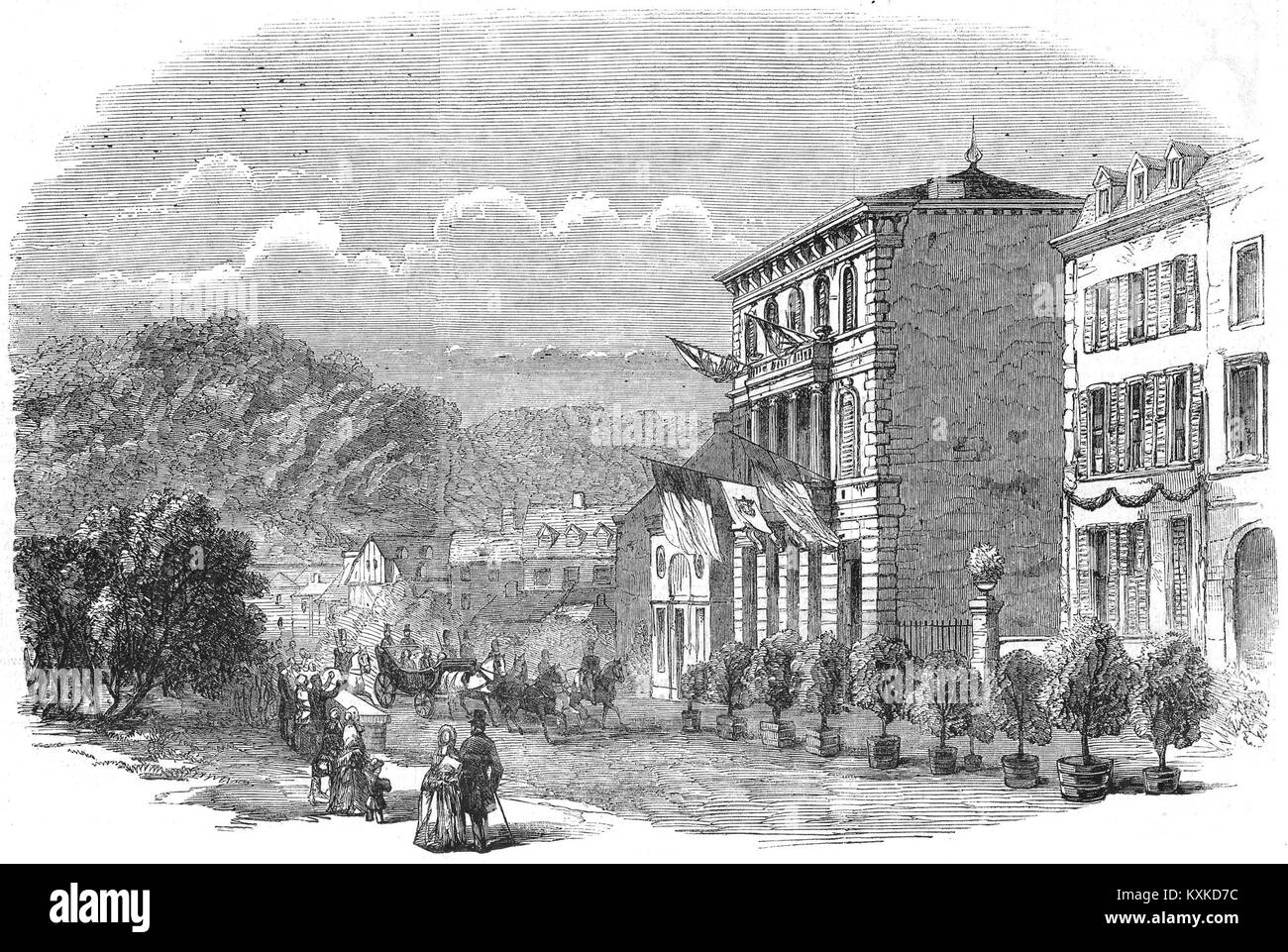 Arrivo di Leopoldo e Maria Enrichetta a Spa, Belgio, raffigurante una visita reale e un ricevimento cerimoniale in un contesto storico. Foto Stock