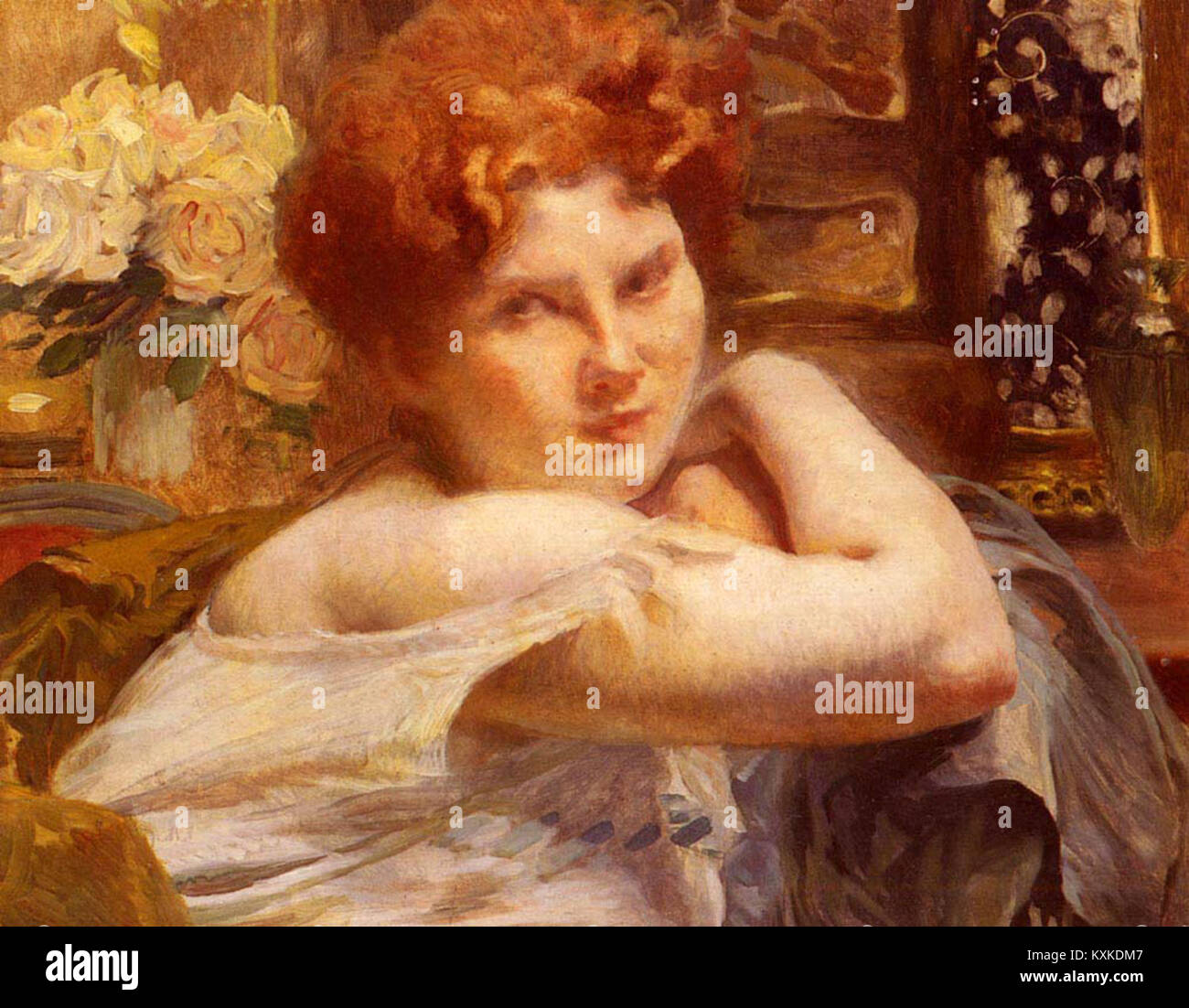 "Le Femme Aux Cheveux Roux" di Besnard è un dipinto francese della fine del XIX secolo che raffigura una donna con i capelli rossi, evidenziando la ritrattistica, l'uso dei colori e l'espressione artistica. Foto Stock