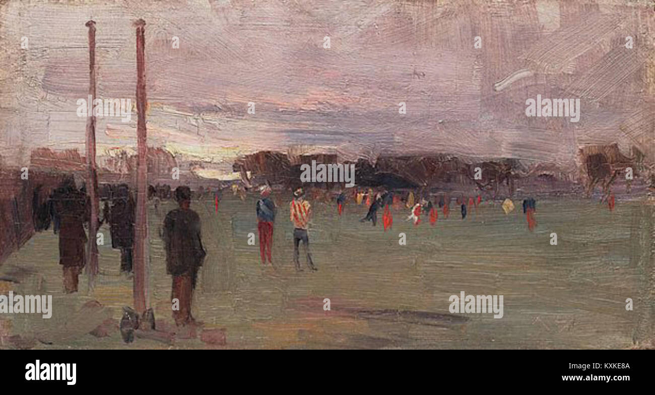 Il dipinto di Arthur Streeton del 1889 "The National Game" raffigura lo sport australiano del cricket, catturando l'intensità, l'azione e il significato culturale nazionale del gioco. Foto Stock