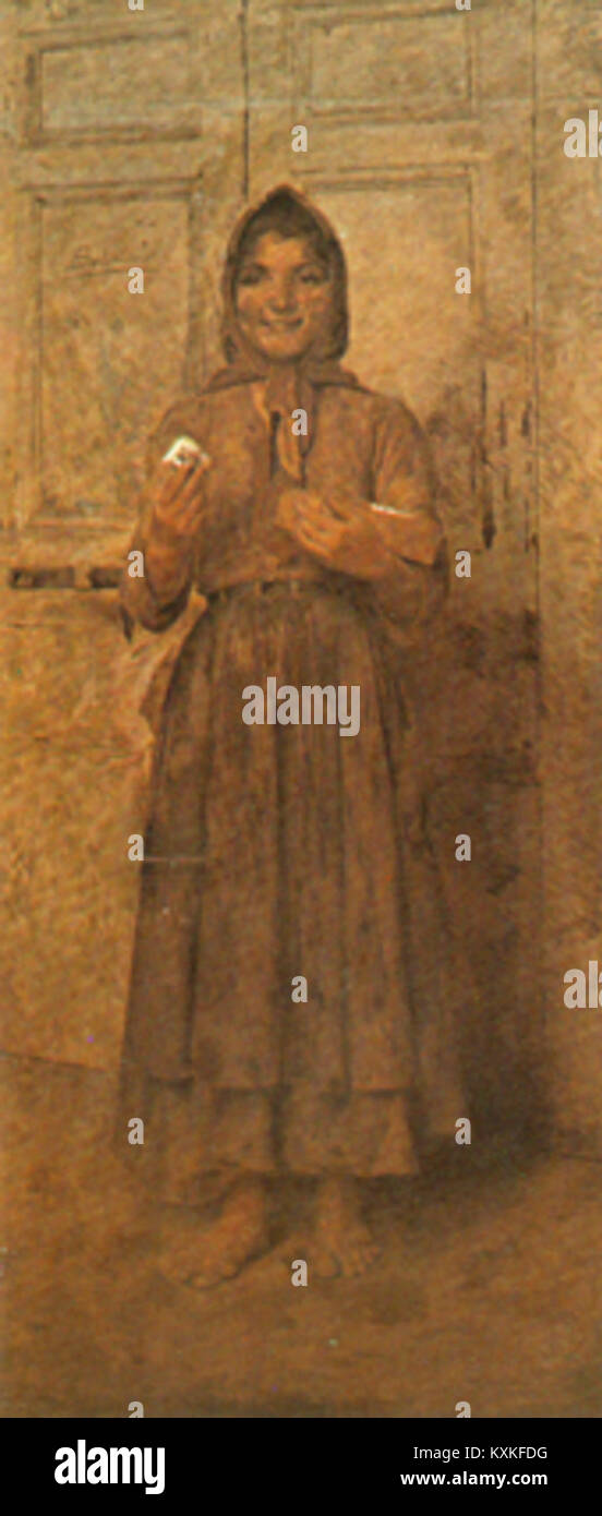 Questo dipinto di Belmiro de Almeida, 'Vendedora de Fósforos', raffigura una donna che vende fiammiferi, riflettendo temi sociali e la vita quotidiana nel Brasile del XIX secolo. Foto Stock