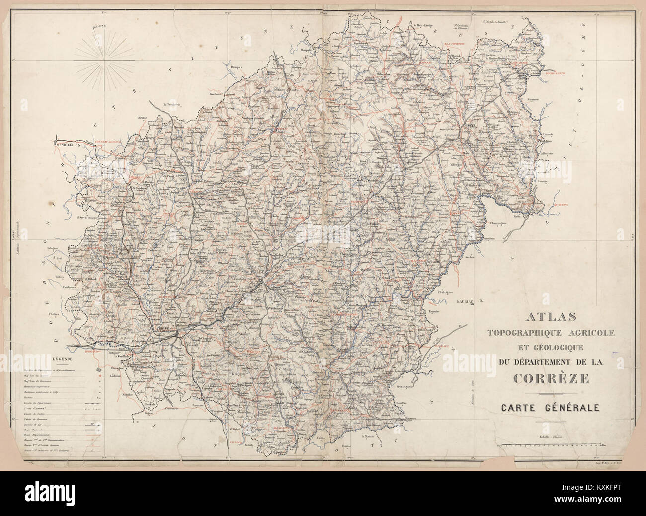 Questo atlante topografico del dipartimento di Corrèze, Francia, include mappe agricole e geologiche del 1875 per lo studio geografico e scientifico. Foto Stock
