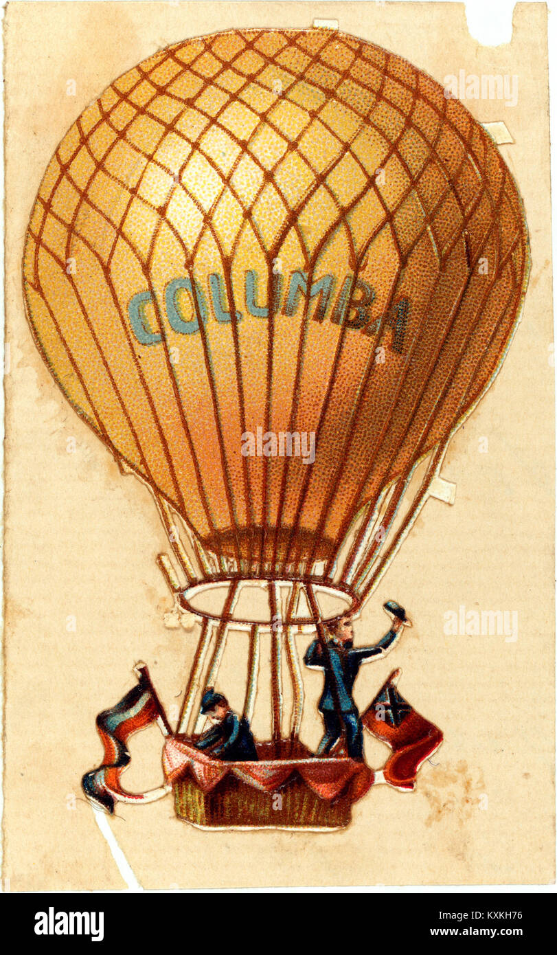 Mongolfiera "Columba" in volo con due passeggeri, che illustra i primi viaggi aeronautici e le tecniche di mongolfiera tra il 1860 e il 1900. Foto Stock