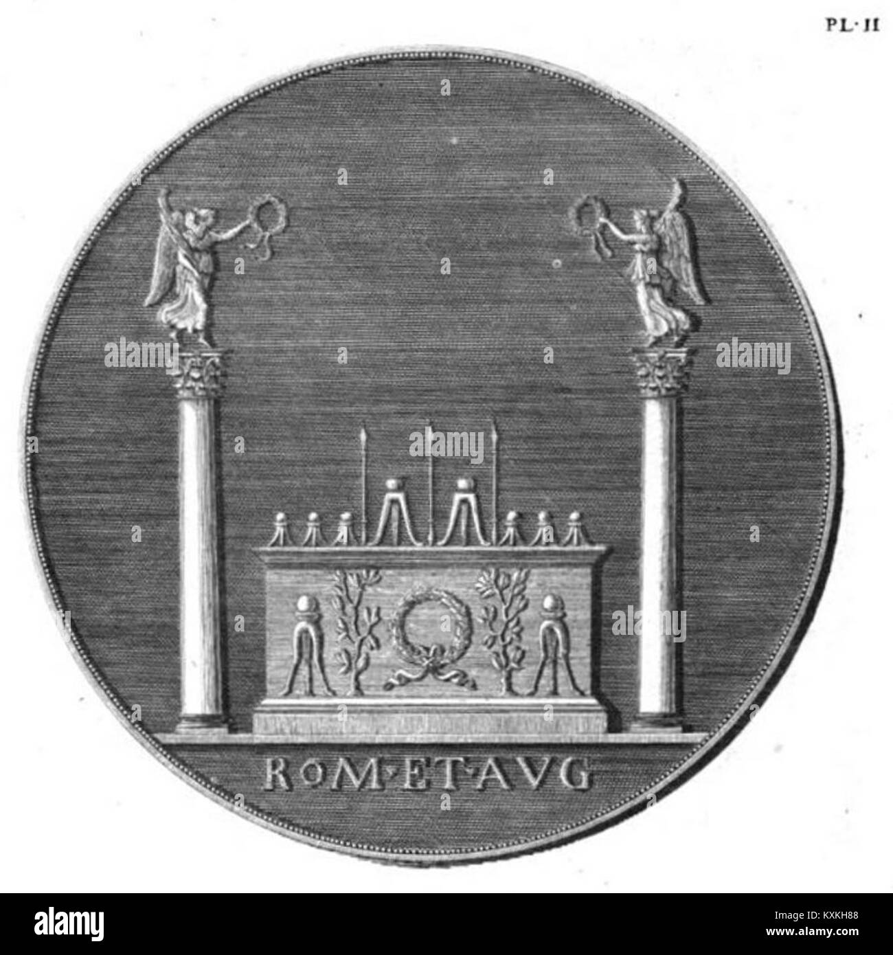 Medal raffigurazione dell'Autel des Gaules, discussa in un'opera del 1820 sulle monete di Augusto e Tiberio, che illustra il contesto numismatico e storico romano. Foto Stock