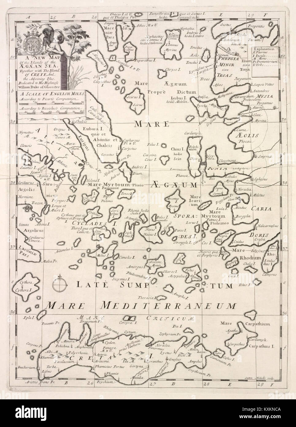 Mappa che raffigura le isole del Mar Egeo, comprese Creta e le isole circostanti, mostrando caratteristiche geografiche, coste e relazioni spaziali per la navigazione e lo studio. Foto Stock