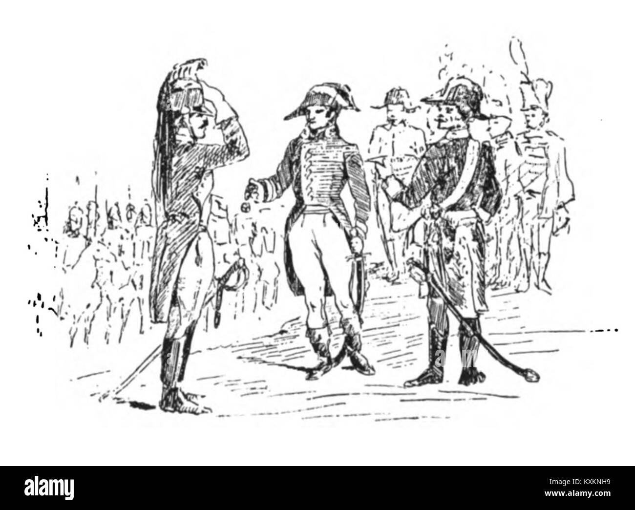 Schizzo raffigurante Napoleone Bonaparte che assegna la Legion d'onore a un soldato del 2° Reggimento Dragoni, illustrando la cerimonia militare e la storia napoleonica. Foto Stock