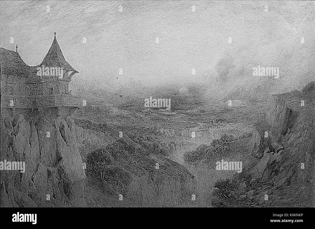 Dipinto "Una scena tirolese" di Lewis Pinhorn Wood raffigurante le montagne austriache del Tirolo, il paesaggio e l'ambiente rurale. Foto Stock