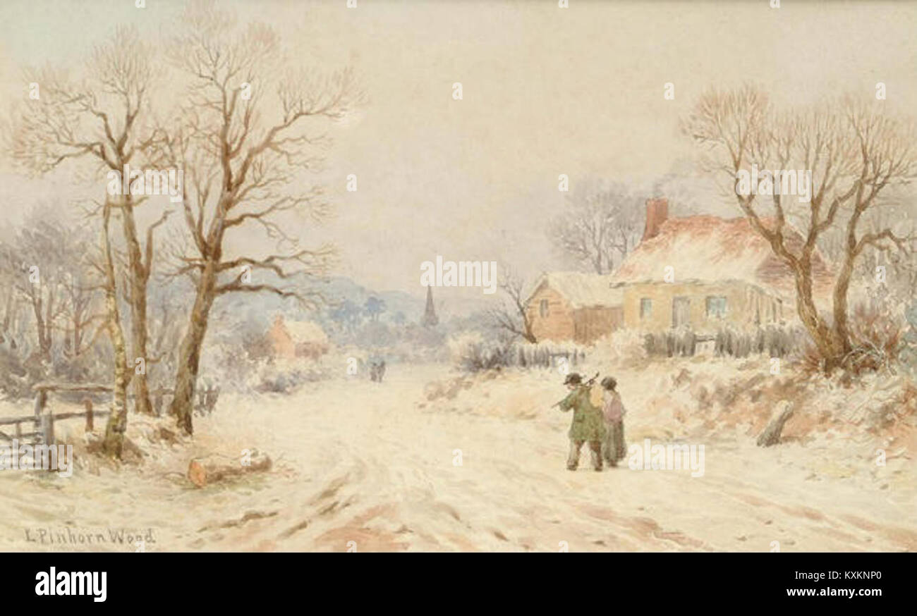 "A Winter Landscape" di Lewis Pinhorn Wood raffigura una serena scena invernale, mostrando le caratteristiche della natura, le condizioni atmosferiche e la rappresentazione artistica della bellezza stagionale. Foto Stock