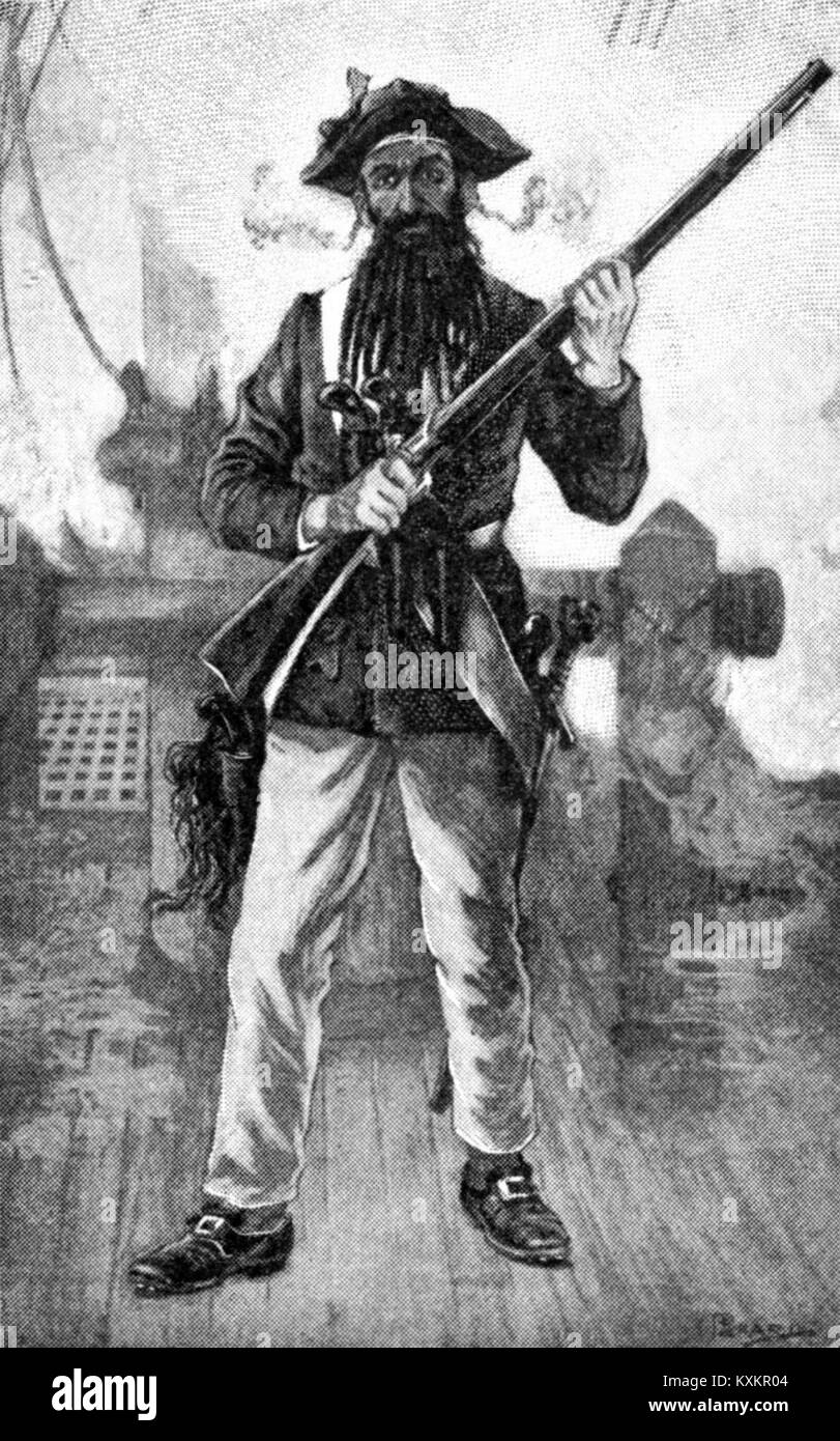 L'immagine mostra il pirata Barbanera, in piedi con un fucile, una figura notevole nella pirateria all'inizio del XVIII secolo durante l'età dell'oro, che illustra la storia marittima. Foto Stock