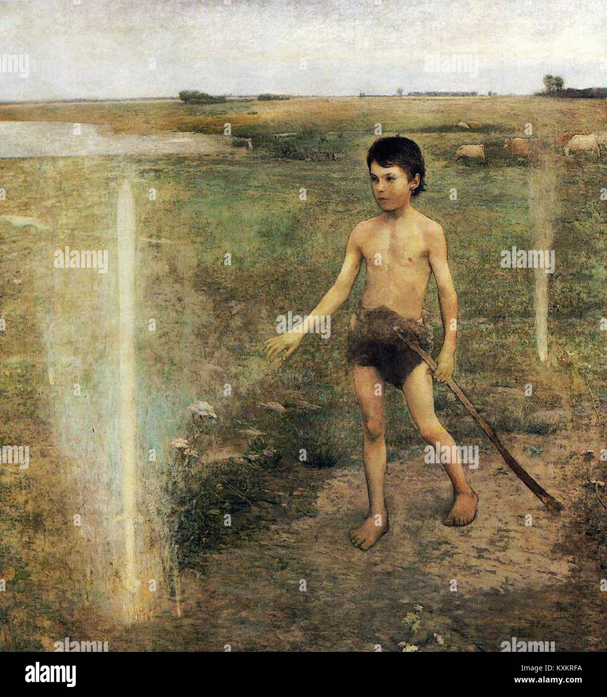 "La spada del Guerriero" (1890) di Béla Iványi-Grünwald è un dipinto ad olio dell'artista ungherese. L'opera raffigura una figura guerriera, che riflette lo stile artistico e il simbolismo ungherese del XIX secolo. Foto Stock