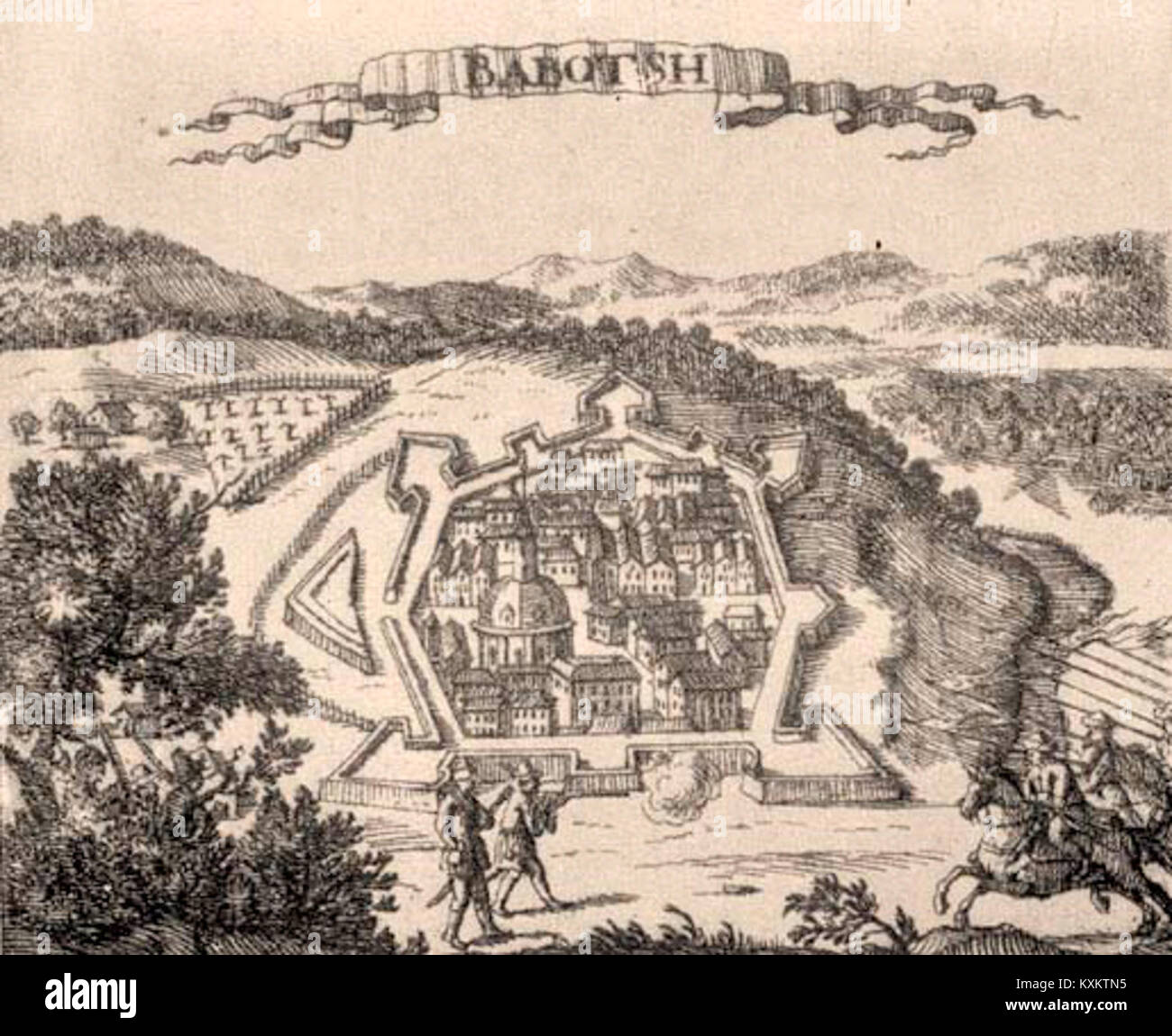 "Babócsa vár a régi metszeten" significa "Castello di Babócsa su un'antica incisione". L'incisione mostra lo storico castello di Babócsa, in Ungheria, offrendo uno sguardo sulla sua architettura passata. Foto Stock