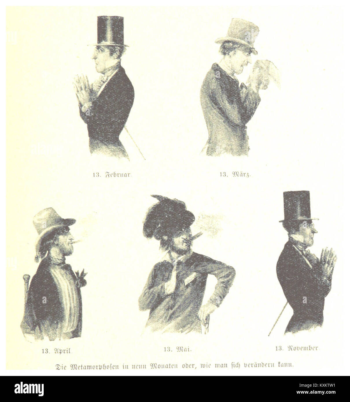 Una caricatura pubblicata nel 1898 da BACH, raffigurante trasformazioni nell'arco di nove mesi, che illustra la satira sociale e l'espressione artistica del periodo. Foto Stock