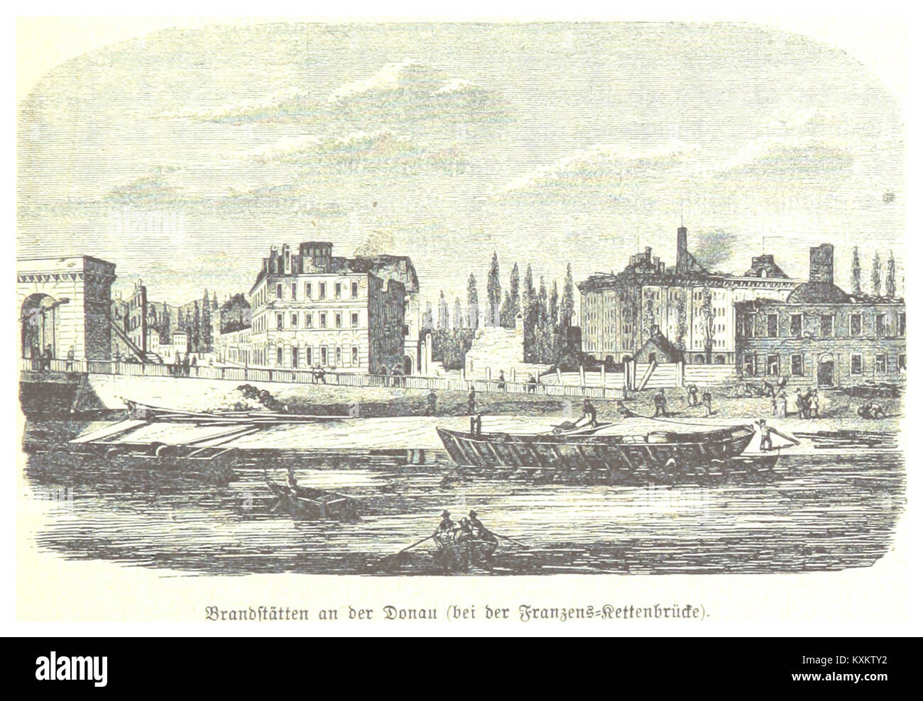 Il dipinto del 1898 raffigura un paesaggio in legno lungo il fiume Danubio vicino a Franzens-Kettenbrücke, mostrando l'ambiente naturale della riva del fiume della fine del XIX secolo. Foto Stock