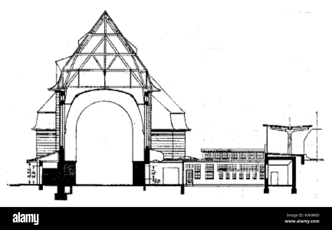 Si tratta di una sezione trasversale della sala d'ingresso della stazione ferroviaria di Köln-Mülheim, che mostra il suo design architettonico e la sua disposizione. La stazione è un importante snodo di trasporti a Colonia, in Germania. Foto Stock