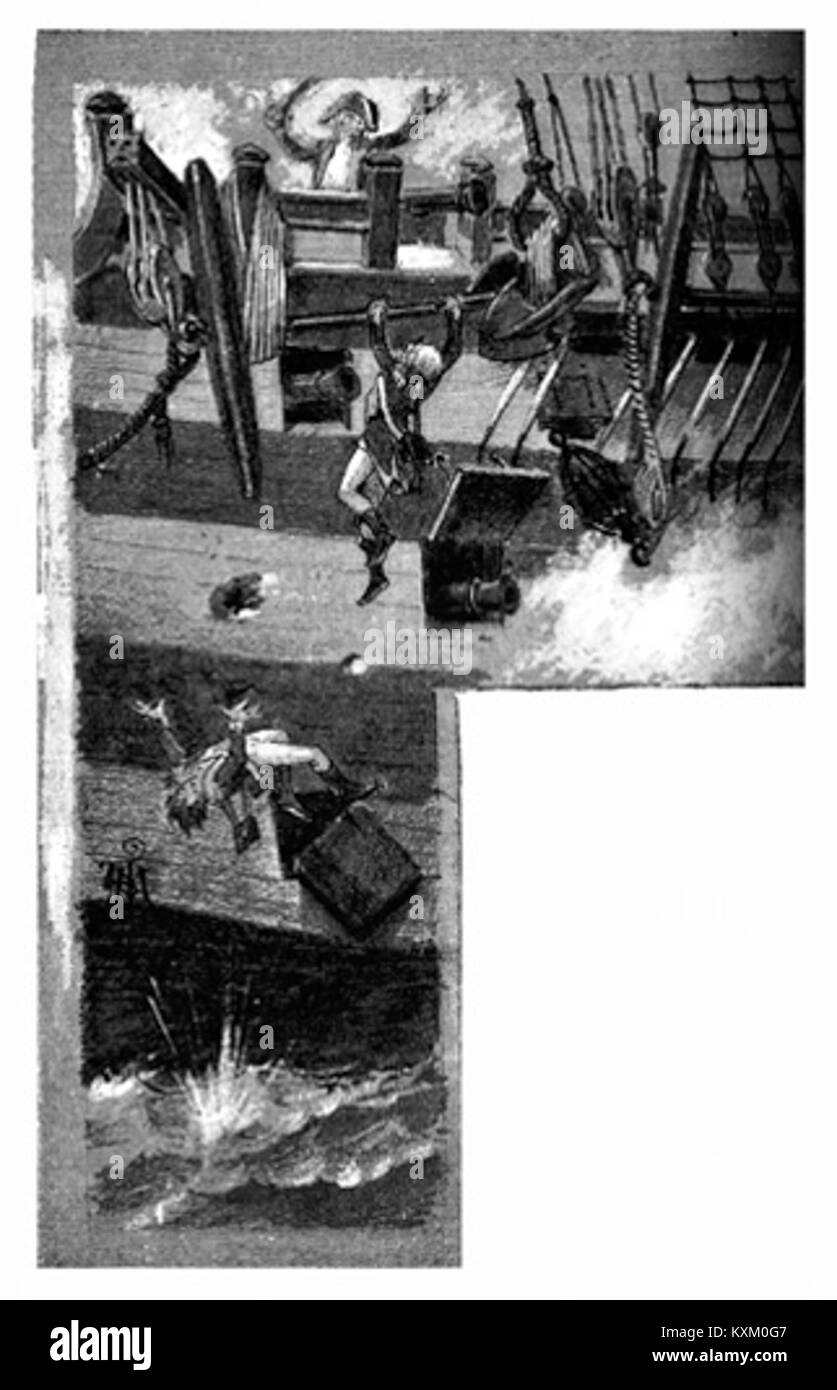 Un'illustrazione della battaglia di Trafalgar (1805), lo scontro navale tra la Royal Navy britannica e le flotte combinate francese e spagnola, dal romanzo Trafalgar di Benito Pérez Galdós. Foto Stock