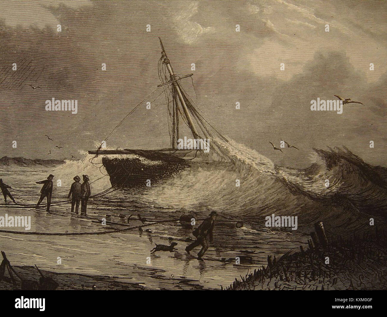 Un peschereccio bloccato sulla riva, che illustra le sfide che le navi marittime devono affrontare a causa delle avverse condizioni meteorologiche e degli errori di navigazione. Foto Stock