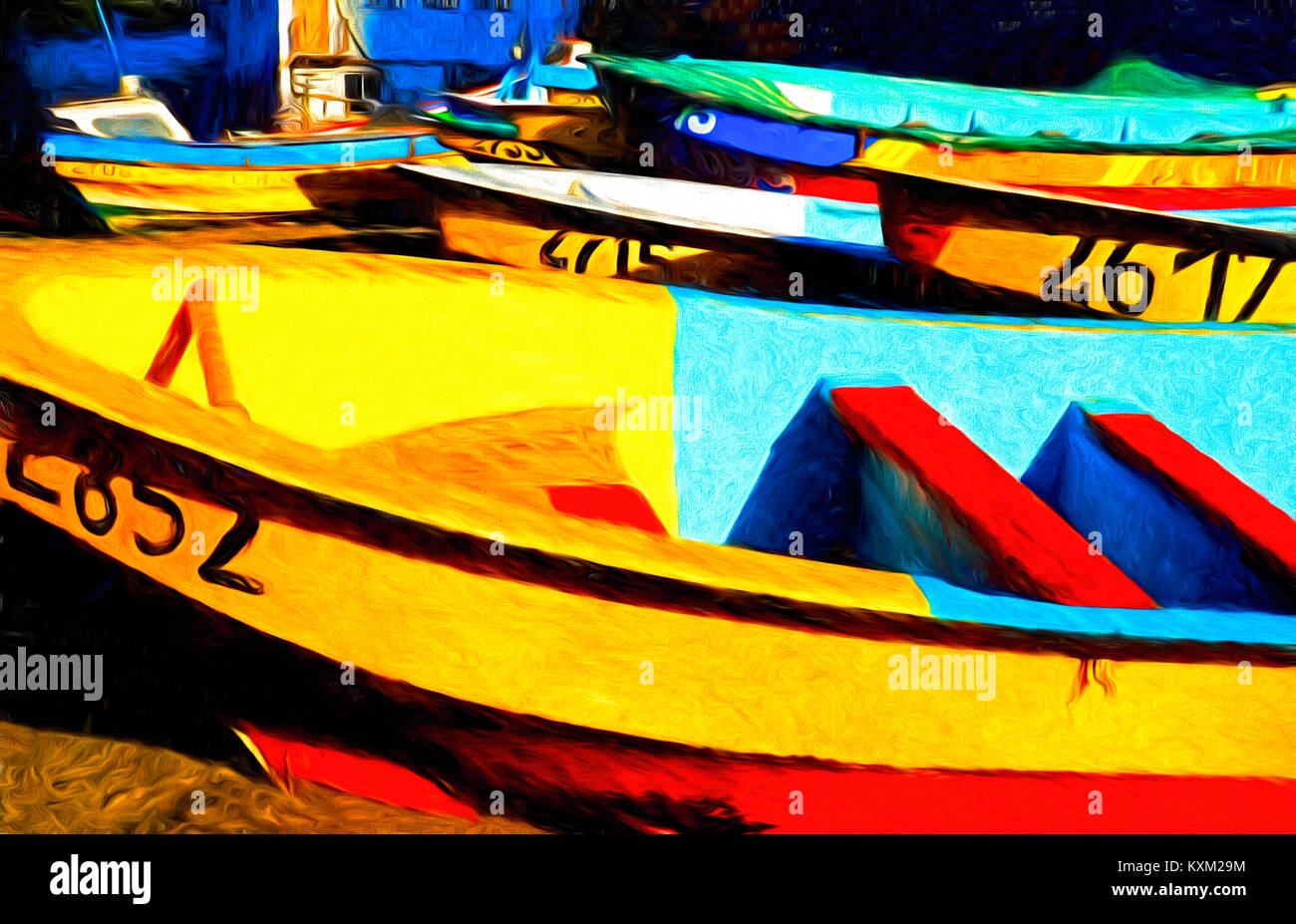 Coloratissime barche di pescatori sulla spiaggia di San Antonio, Cile. - Foto digitale arte pittura Foto Stock