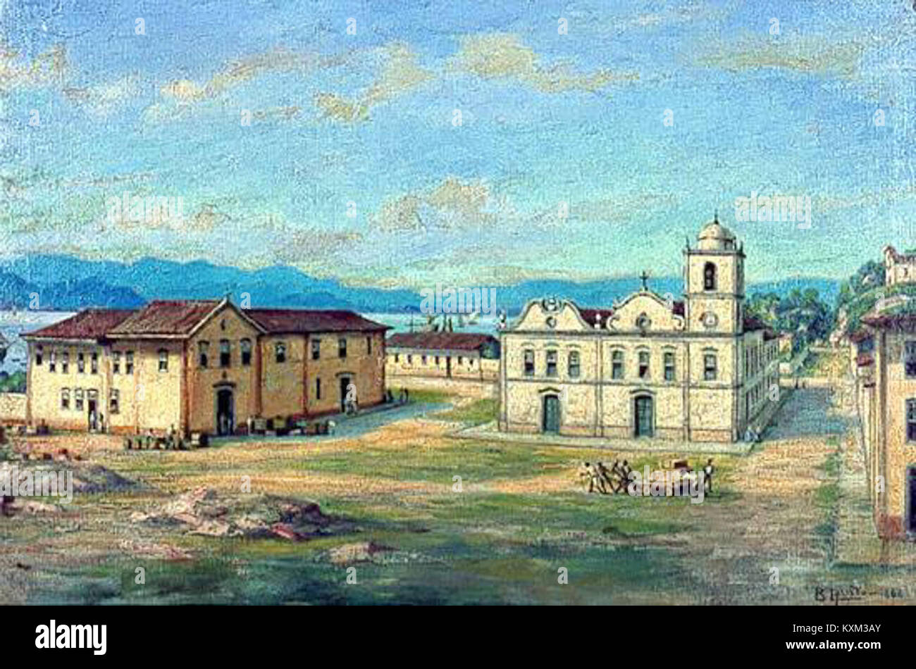 Il dipinto di Benedito Calixto del 1868 mostra il Matriz Colonial de Santos, enfatizzando la sua architettura coloniale e il suo significato storico in Brasile. Foto Stock