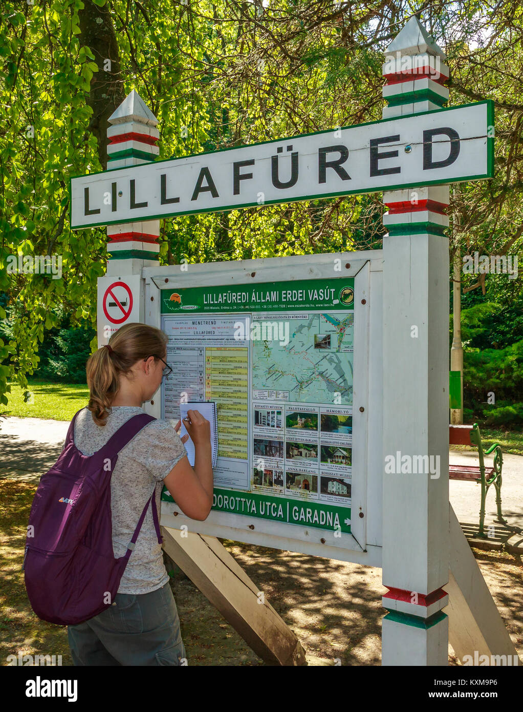 Una giovane donna prende nota degli orari dei treni all inizio del suo cammino sulla foresta ferrovia a Lillafured, Miskolc, Ungheria Foto Stock