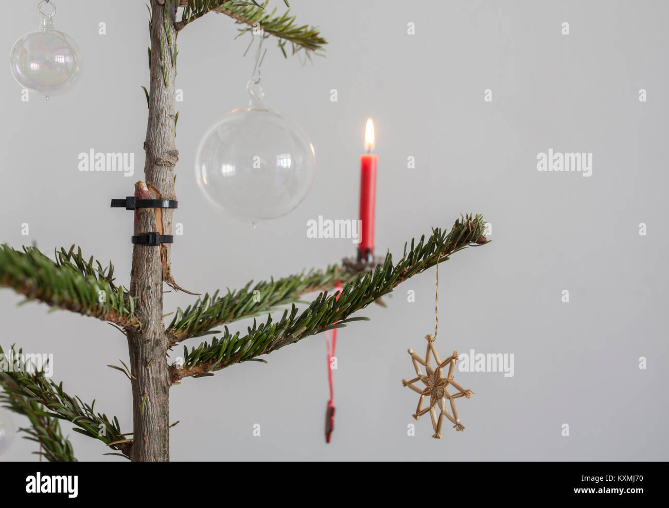 Albero di natale con candela e sfera di vetro fissato con una fascetta per cavi - Mit einem Kabelbinder reparierter Weihnachtsbaum mit Kerze und Glaskugel Foto Stock