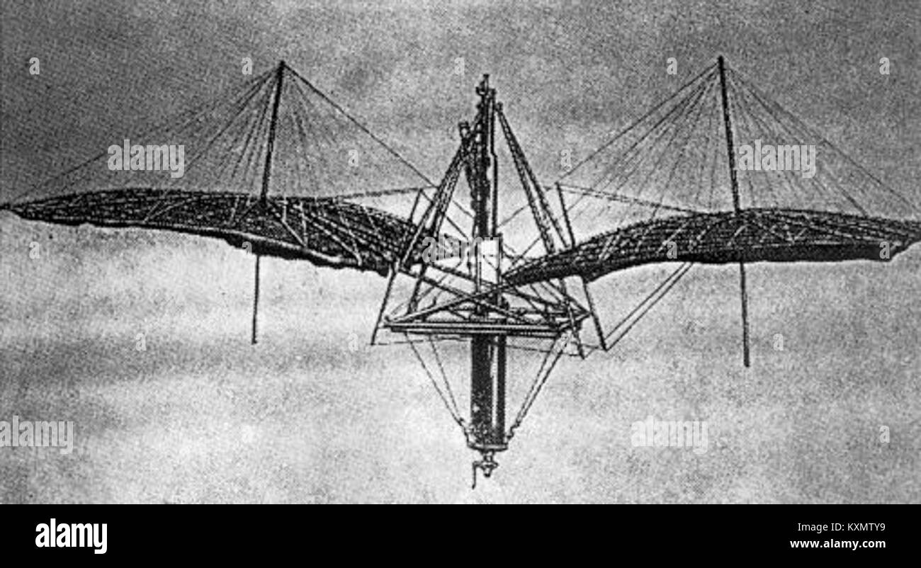 Questo disegno illustra l'Ornithopter di Blériot, una prima macchina volante progettata per volare battendo le ali, riflettendo i primi esperimenti di aviazione. Foto Stock