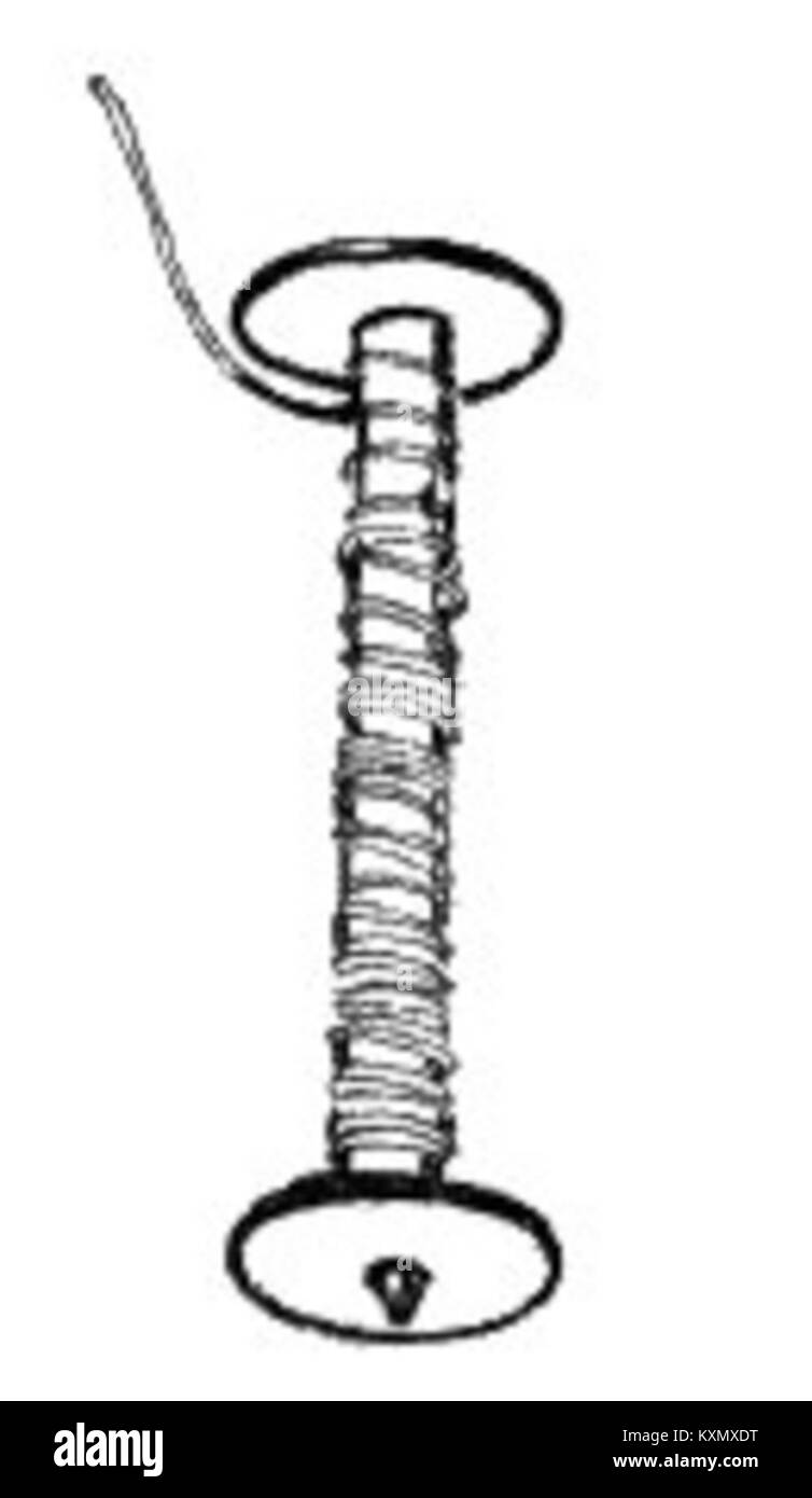 Una bobina è un piccolo utensile cilindrico utilizzato nella produzione tessile, principalmente per l'avvolgimento di fili o filati. Svolge un ruolo essenziale nel funzionamento delle macchine per la tessitura e il cucito. Foto Stock