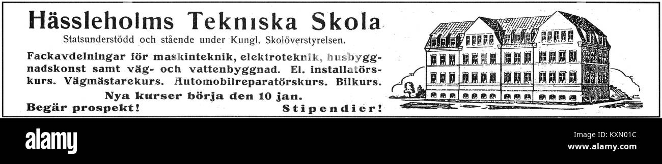 Questo è un annuncio per la Hässleholm Technical School in Svezia, che promuove i suoi programmi educativi e le opportunità di formazione tecnica per gli studenti. Foto Stock