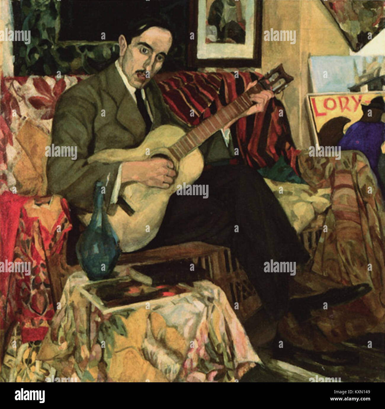 Il dipinto ad olio "o meu violão não tem cordas" di Armando Basto del 1918 misura 104,5 x 104,5 cm, raffigurante una chitarra senza archi, esemplificando l'arte portoghese dell'inizio del XX secolo. Foto Stock