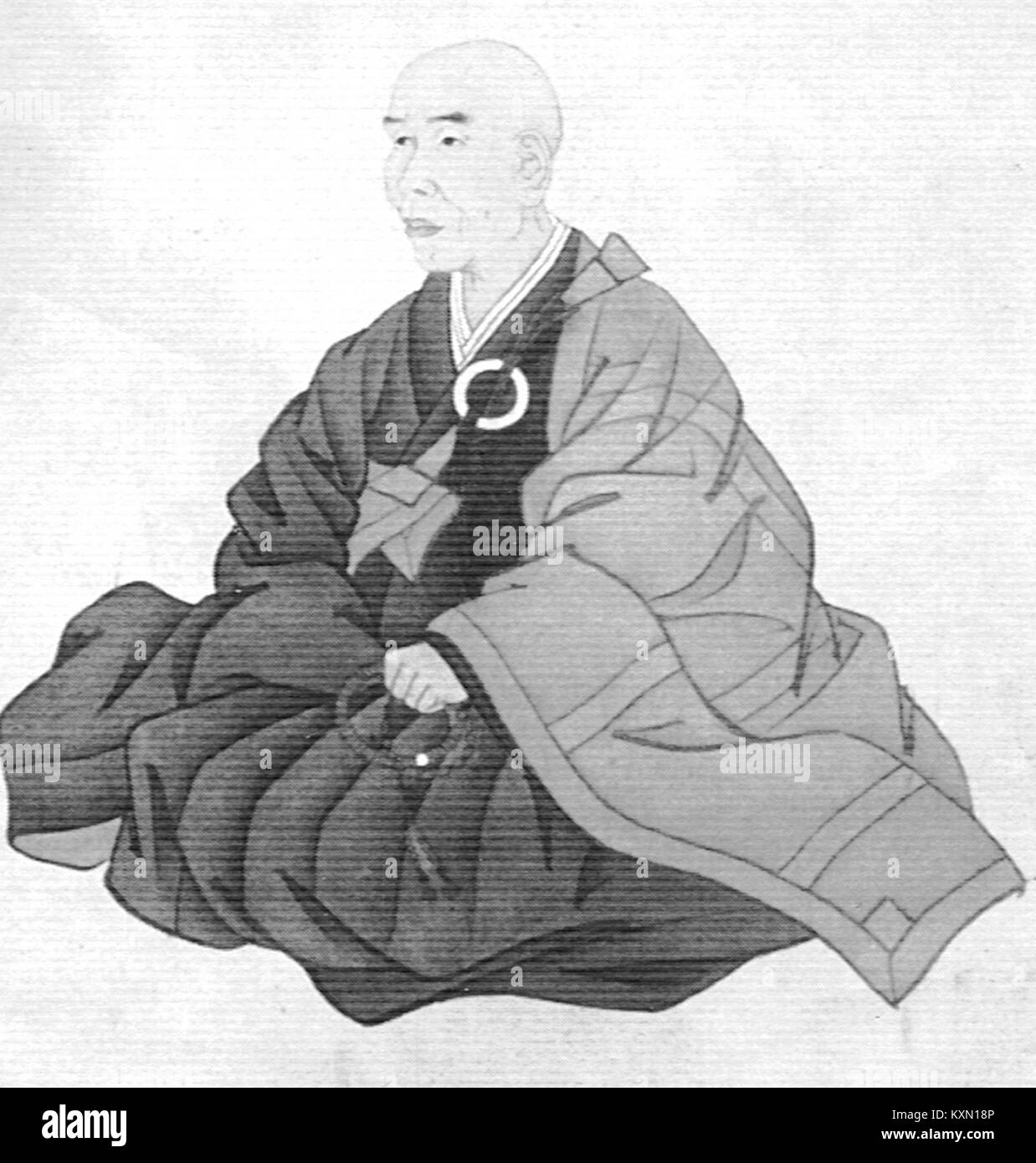 Un ritratto della figura buddista Hakuun, dipinto da Yasuda Denki. Questa rappresentazione è un'opera significativa dell'arte buddista giapponese, che cattura la natura serena e saggia di Hakuun. Foto Stock