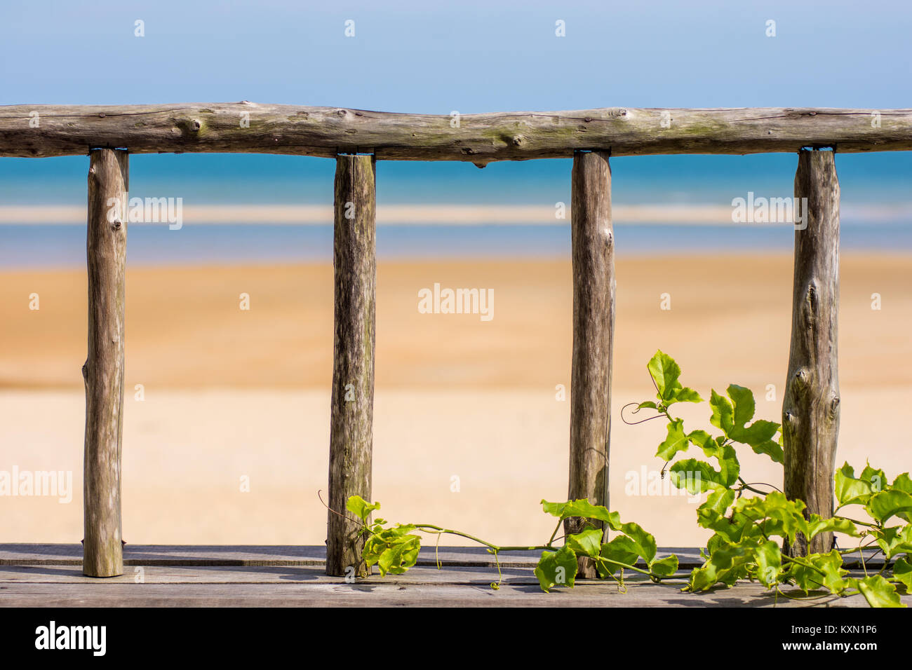 Un vecchio weathered staccionata in legno ringhiera con lo sfondo di una spiaggia di sabbia dorata e il bellissimo mare blu. Foto Stock