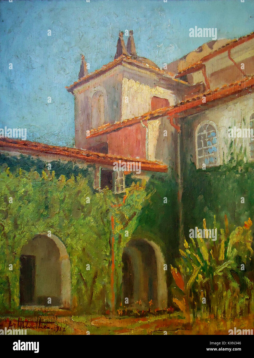 Il dipinto ad olio di Arthur Timótheo da Costa del 1917 "cortile interno della chiesa o del convento" raffigura uno spazio architettonico sereno. Misura 41 x 31 cm e mostra l'abilità di da Costa nel catturare la luce e la consistenza, offrendo un'idea dell'arte brasiliana dei primi anni del XX secolo. Foto Stock